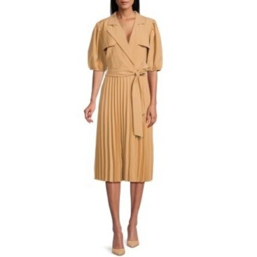 Nanette Lepore Dress Women 12 Tan Pleated Belted Puff Sleeve Midi Preppy Retro‎